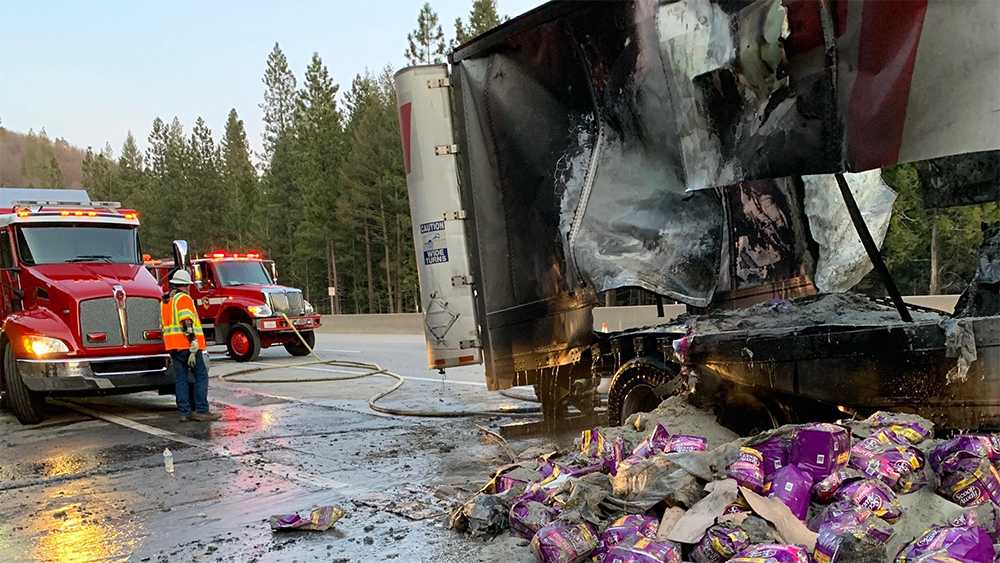 Trailer carrying kitty litter catches fire on I80 in Placer County