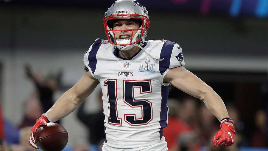 New England Patriots' Chris Hogan celebrates after catching a touchdown against the Philadelphia Eagles during the second half of the NFL Super Bowl 52 football game Sunday, Feb. 4, 2018, in Minneapolis. (AP Photo/Mark Humphrey)