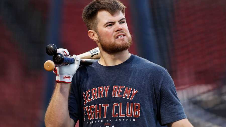 Boston Red Sox's Christian Arroyo works out during baseball practice Saturday, Oct. 9, 2021, in Boston. (AP Photo)
