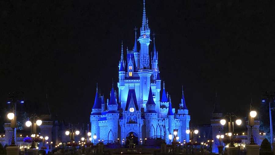 Cinderella Castle in Magic Kingdom Park at Walt Disney World Resort in Lake Buena Vista, Fla., is bathed in blue light through April 7, 2020, in honor of World Health Day. The gesture is a salute to medical personnel on behalf of all Walt Disney World Resort cast members during these challenging times. (Disney)