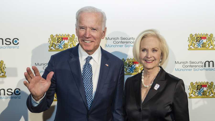 Former U.S. Vice President Joe Biden, and Cindy McCain, arrive at the reception of the Bavarian State Chancellery during the 54th Munich Security Conference in Munich, Germany, on Feb. 17, 2018.