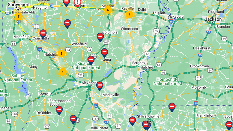 Louisiana closed roads ice