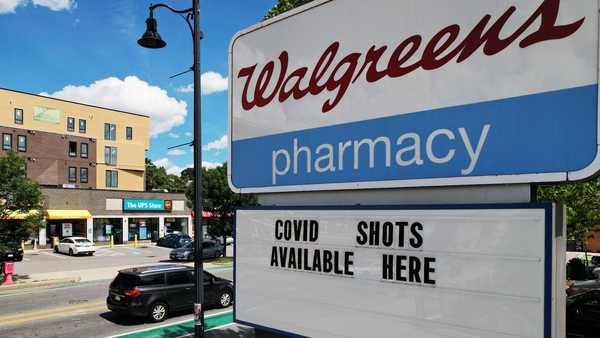Federal data suggests that the current increases have stayed far below earlier peaks and notable surges, and seen a sign advertises COVID-19 vaccine shots at a Walgreens Pharmacy in Somerville, Massachusetts, on August 14.