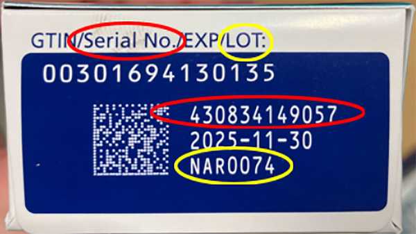 The FDA warns against using Ozempic products labeled with lot number NAR0074 and serial number 430834149057 as pictured.