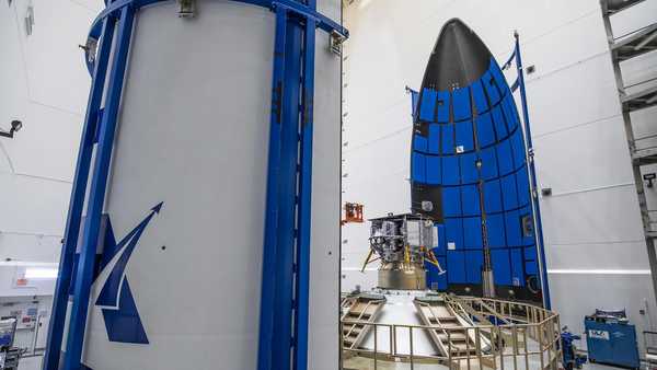 Astrobotic's Peregrine lunar lander is shown as it prepares to be encapsulated in the payload fairing, or nose cone, of United Launch Alliance's Vulcan rocket on November 21, 2023.