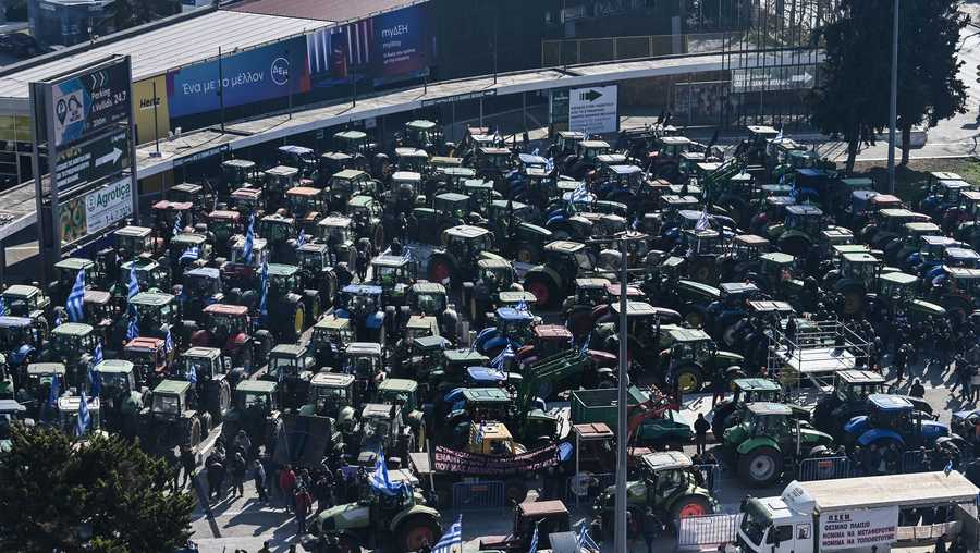 farmers gather with their tractors at the agrotica agricultural fair in thessaloniki, greece.