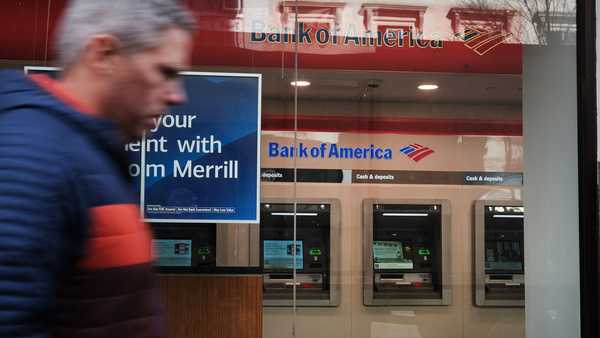 A Bank of America branch stands in Manhattan on March 15, 2023 in New York City. Bank of America customers report having trouble accessing their bank accounts on Wednesday.