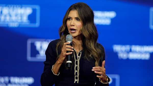 South Dakota Gov. Kristi Noem speaks before Republican presidential nominee former President Donald Trump at a campaign town hall, on October 14, in Oaks, Pennsylvania.