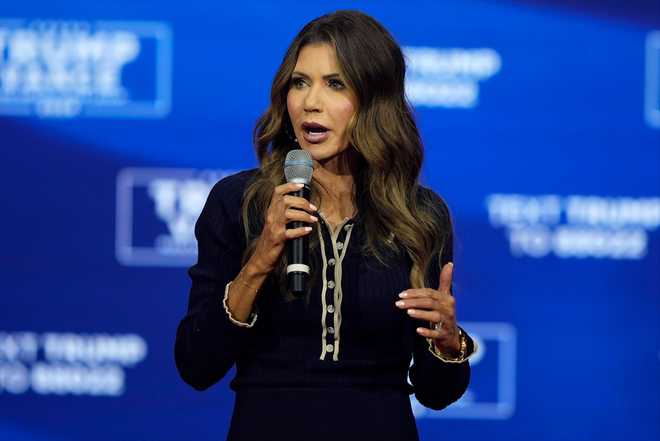 South&#x20;Dakota&#x20;Gov.&#x20;Kristi&#x20;Noem&#x20;speaks&#x20;before&#x20;Republican&#x20;presidential&#x20;nominee&#x20;former&#x20;President&#x20;Donald&#x20;Trump&#x20;at&#x20;a&#x20;campaign&#x20;town&#x20;hall,&#x20;on&#x20;October&#x20;14,&#x20;in&#x20;Oaks,&#x20;Pennsylvania.