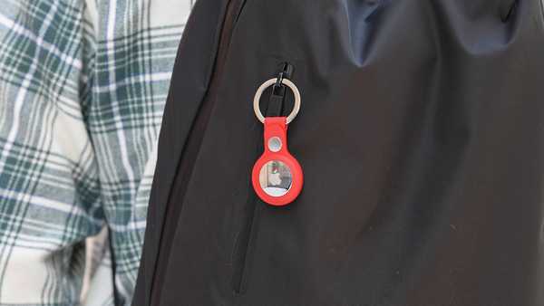 A key ring containing an Air Tag is attached to a rucksack inside the Apple Store in Sydney, Australia.