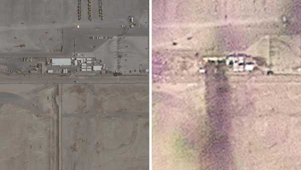 This pairing of images shows the location where American service members were killed in Kuwait. The left images was taken on June 26. The image on the right was taken on March 1.