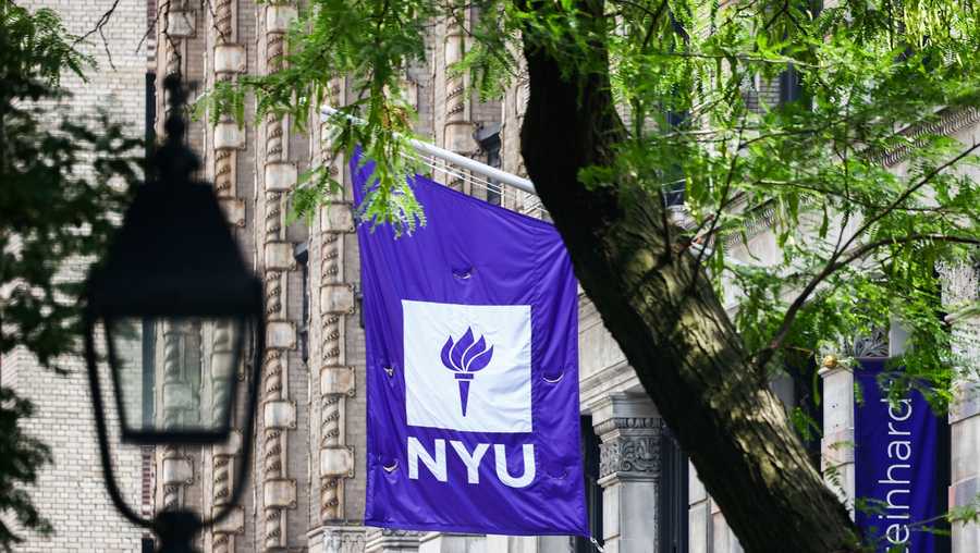 The New York University logo is seen in New York's Greenwich Village on July 5, 2024.