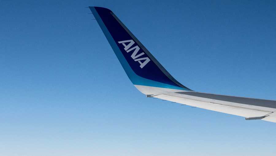 The wing of an All Nippon Airways aircraft.