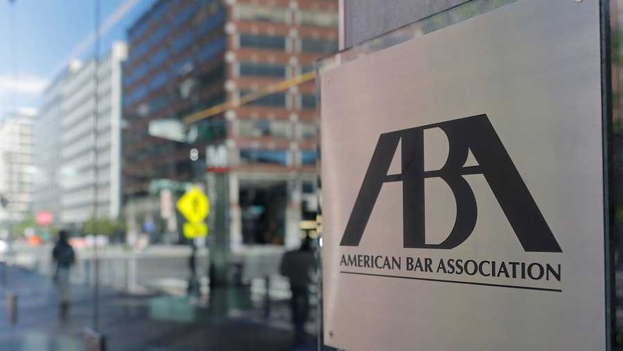 The American Bar Association sued the Trump administration June 16, saying the president’s aggressive crackdown on large law firms aligned against him has chilled lawyers’ ability to litigate cases. Signage is seen outside of the American Bar Association in Washington, D.C., in May 2021.