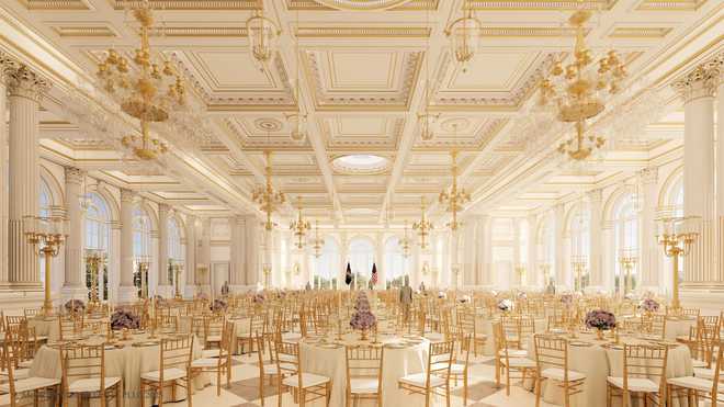 A&#x20;rendering&#x20;of&#x20;the&#x20;White&#x20;House&#x20;State&#x20;Ballroom&#x20;is&#x20;seen.