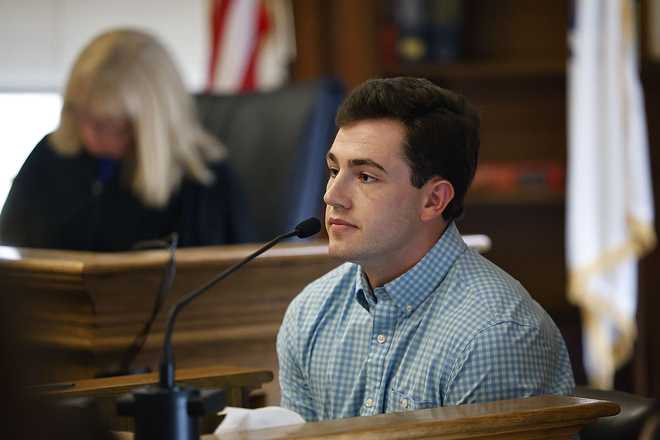 Witness Colin Albert takes the stand during Karen Read's murder trail at Dedham Superior Court on Wednesday, May 15, 2024, in Dedham, Mass. Read is facing charges including second degree murder in the 2022 death of her boyfriend Boston Officer John O’Keefe. (Greg Derr/The Patriot Ledger via AP, Pool)