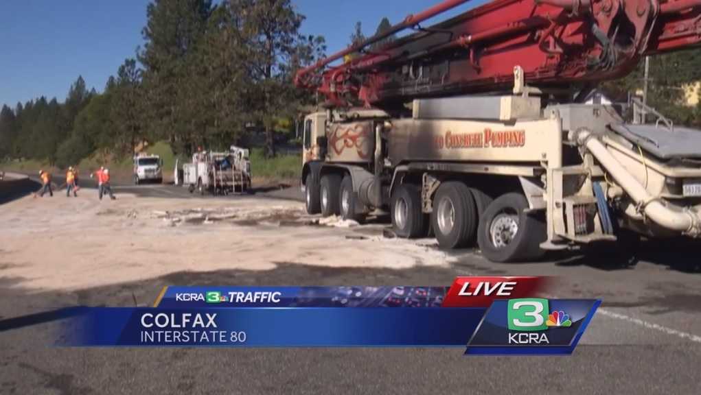Big rig catches fire, spills fuel on I-80 in Colfax