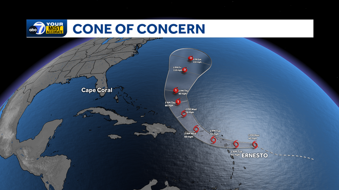 ﻿ernesto's forecast cone of cencern