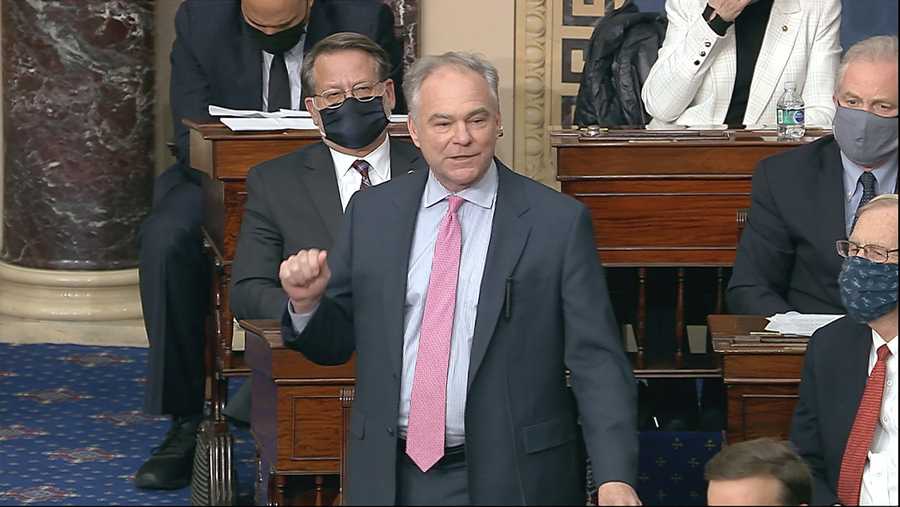 In this image from video, Sen. Tim Kaine, D-Va., speaks as the Senate reconvenes after protesters stormed into the U.S. Capitol on Wednesday, Jan. 6, 2021.