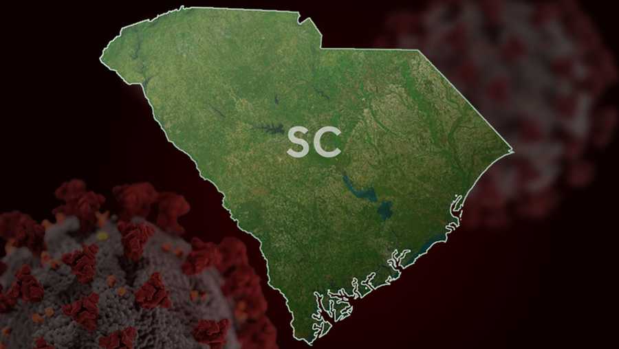 map of South Carolina with red coronavirus background