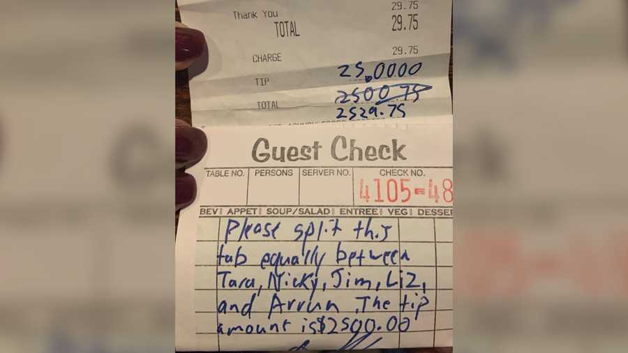 After ordering a beer and some food, the customer's check came out to be just under $30. But after he left, the spirits of owner Patrick "Benny" Leonard and his staff were uplifted immediately after seeing the tip he had left.
