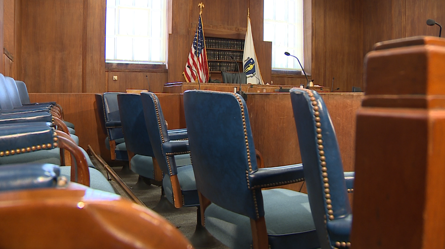 An empty courtroom in Massachusetts