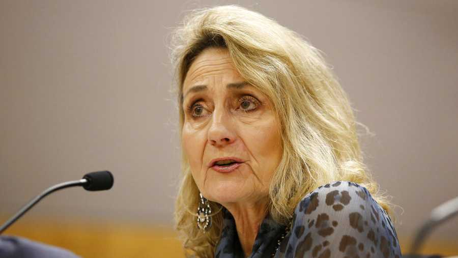 FILE — In this Jan. 8, 2020 file photo is Marybel Batjer, president of the California Public Utilities Commission, appears before a state Senate committee hearing in Sacramento, Calif. Batjer announced Tuesday, Sept. 28, 2021 that she is stepping down from her position, effective at the end of December 2021. The PUC oversees California&apos;s major utilities. (AP Photo/Rich Pedroncelli, File)
