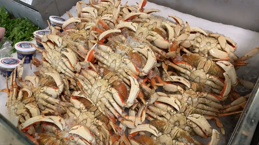 dungeness crab on display at phil's fish market in moss landing
