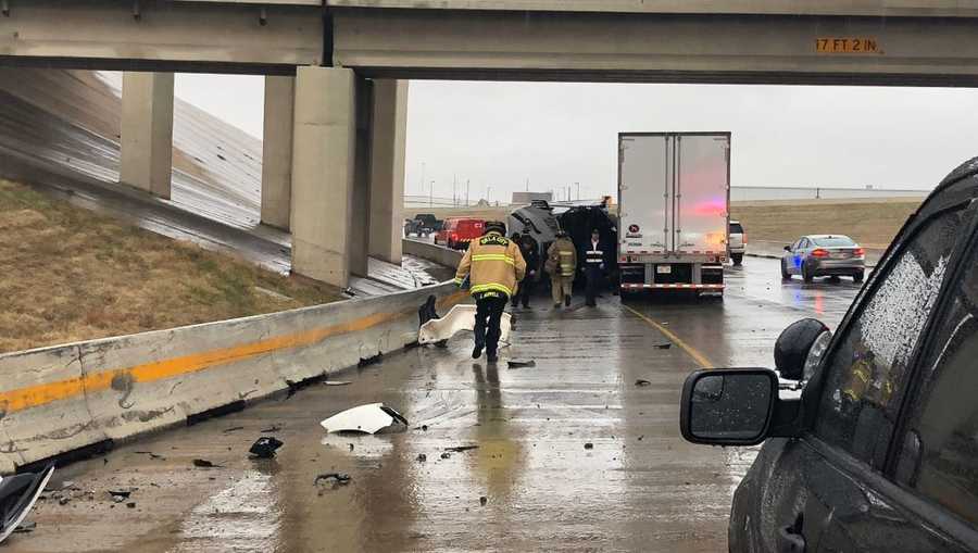 I-40 westbound is closed near I-35 in Oklahoma City, as crews work to clear the scene of two crashes, one that involves an overturned semitruck, according to Oklahoma City Fire Department.