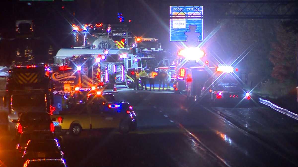 A tanker truck carrying fuel overturned on Route 3 in Billerica