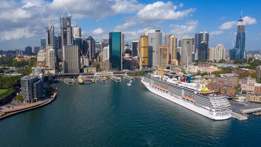 An aerial image of Carnival Cruise Line cruise ship Carnival Spirit at the Overseas Passenger Terminal in Circular Quay on March 21, 2020 in Sydney, Australia.