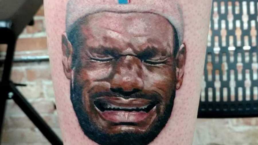 Kalen Gilleese, took his disdain for LeBron James to the next level by tattooing LeBron's crying face on his leg.
