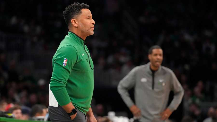 Boston Celtics assistant coach Damon Stoudamire, filling in for interim head coach Joe Mazzulla, draws up a play during a time out in the first half of an NBA basketball game against the Houston Rockets on Dec. 27, 2022, in Boston. Stoudamire was hired Monday, March 13, 2023, as Georgia Tech's men's basketball coach.