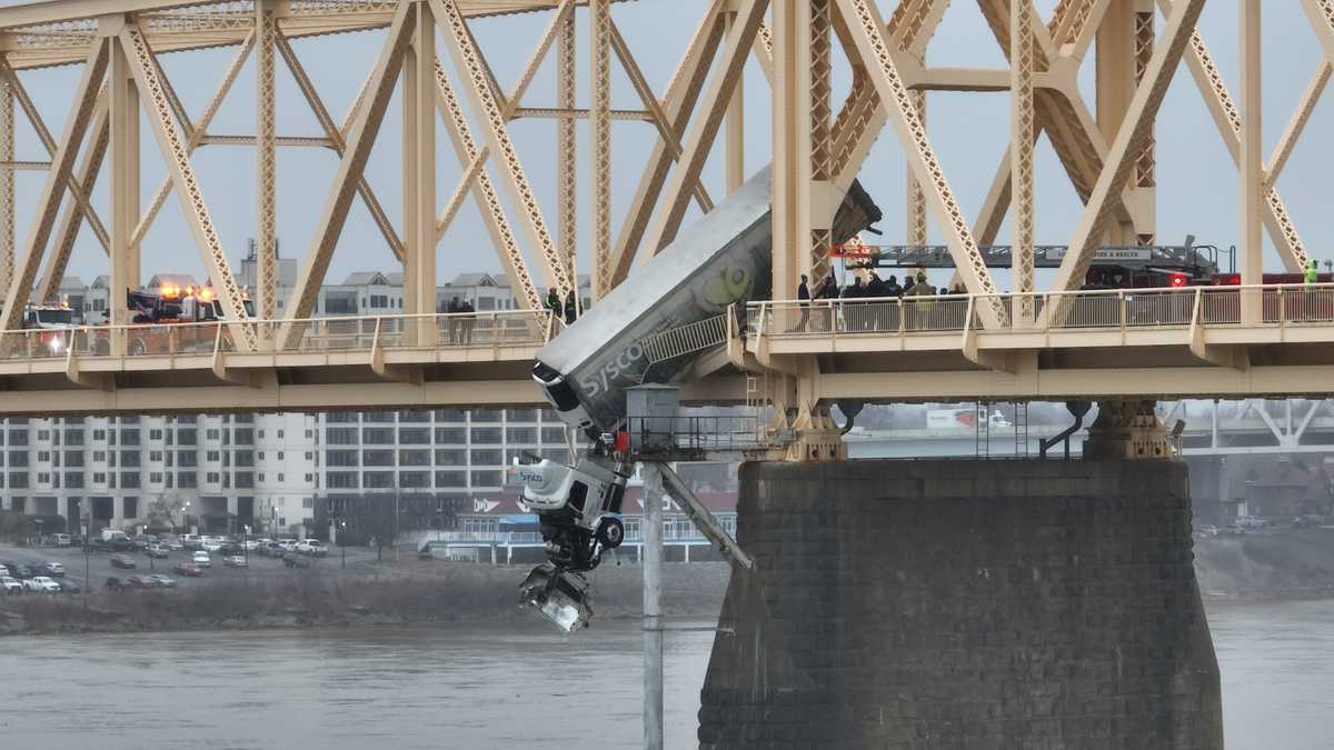 Semi truck hanging off Clark Memorial Bridge in Louisville