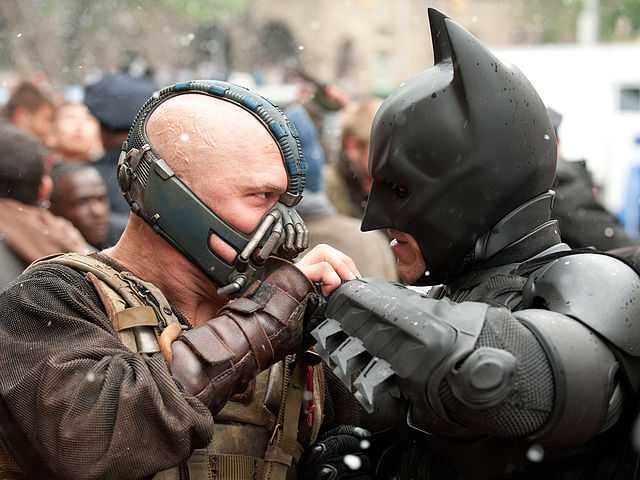 Christian Bale as Batman and Tom Hardy as Bane in "The Dark Knight Rises"