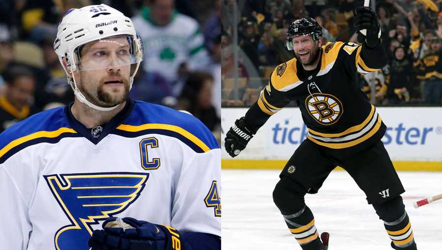 David Backes with the St. Louis Blues (left) and the Boston Bruins (AP Photos)
