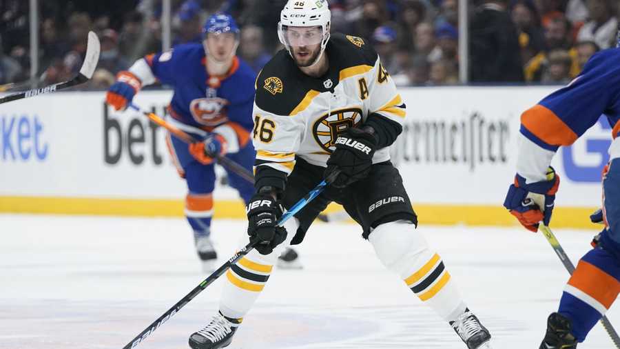 Boston Bruins' David Krejci (46) during the first period of Game 3 during an NHL hockey second-round playoff series against the New York Islanders Thursday, June 3, 2021, in Uniondale, N.Y. (AP Photo)