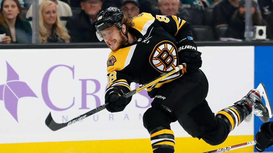 In this Oct. 29, 2019, photo, Boston Bruins' David Pastrnak shoots during the second period of an NHL hockey game against the San Jose Sharks in Boston. (AP Photo/Winslow Townson)