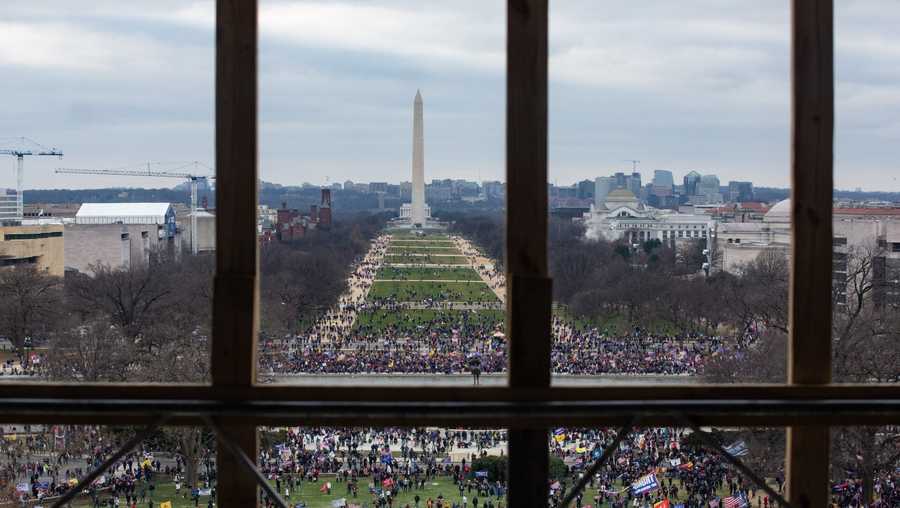 A crowd of Trump supporters gather outside as seen from inside the U.S. Capitol on January 6, 2021 in Washington, DC. Congress will hold a joint session today to ratify President-elect Joe Biden's 306-232 Electoral College win over President Donald Trump. The joint session was disrupted as the Trump supporters breached the Capitol building.