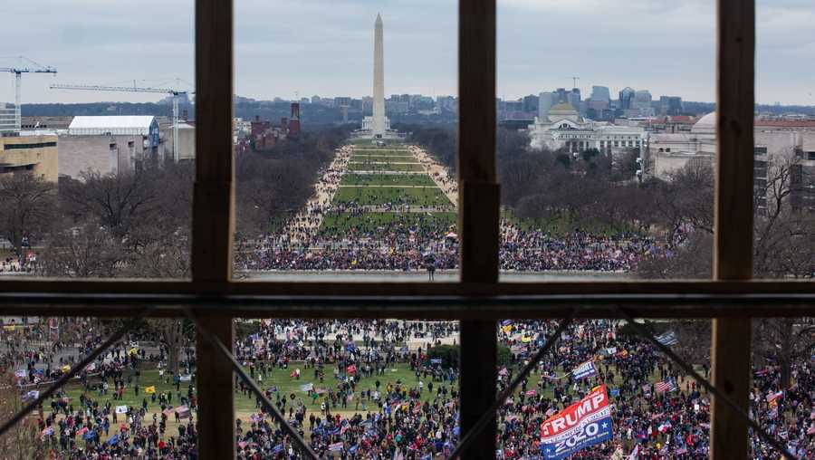 A crowd of Trump supporters gather outside as seen from inside the U.S. Capitol on January 6, 2021 in Washington, DC. Congress will hold a joint session today to ratify President-elect Joe Biden's 306-232 Electoral College win over President Donald Trump. The joint session was disrupted as the Trump supporters breached the Capitol building.