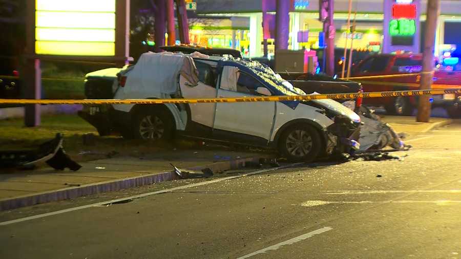 Two of the three vehicles involved in a deadly crash in Brockton, Massachusetts, on Nov. 17, 2020.
