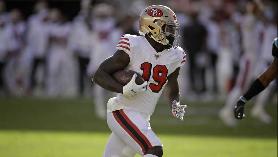 San Francisco 49ers wide receiver Deebo Samuel runs with the ball for a touchdown during the second half of an NFL football game against the Carolina Panthers in Santa Clara, Calif., Sunday, Oct. 27, 2019. (AP Photo/Ben Margot)