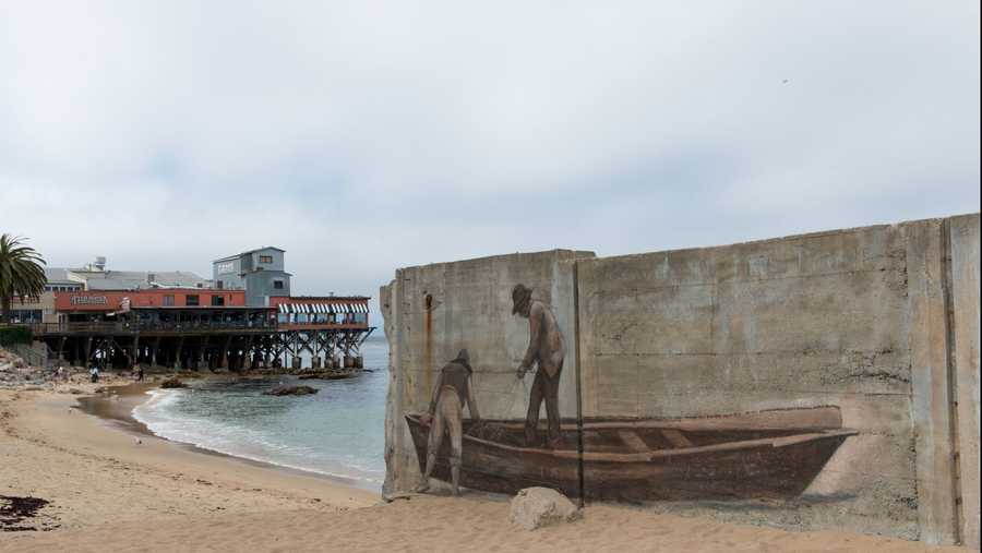Mural of two Chinese fishermen on McAbee Beach, Monterey Bay, California