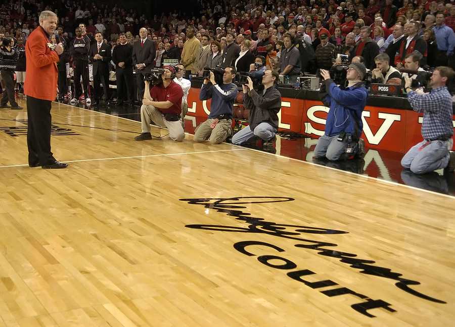 Denny Crum addresses the crowd following the dedication of the Denny Crum Court denny crum addresses the crowd following the dedication of the denny crum court