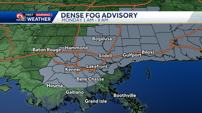 New Orleans fog forecast dense fog advisory Halloween forecast