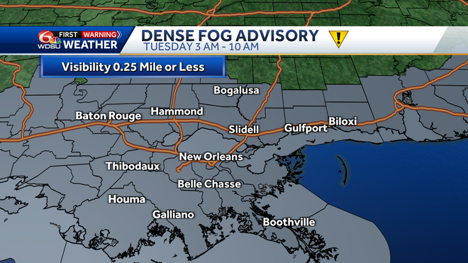 New Orleans weather dense fog advisory how bad fog Tuesday