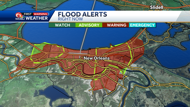 New Orleans flash flood warning flood advisory how much rain ends