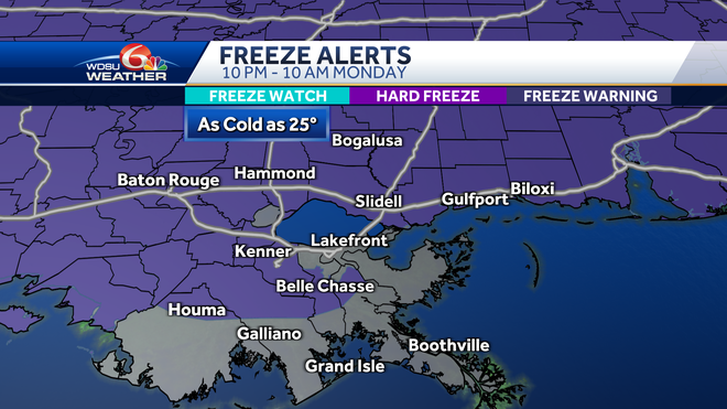 New Orleans freeze warning Monday forecast