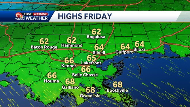 New Orleans forecast high temp rain chances Friday severe weather