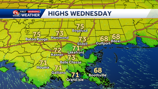 New Orleans weather forecast high temp low temp rain chances